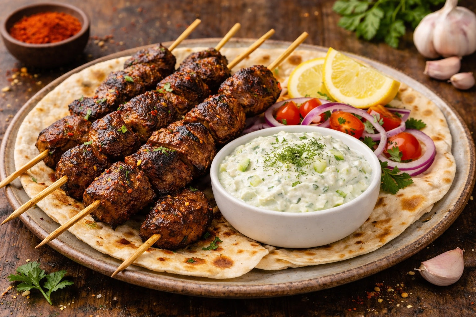 Spiced Lamb Kebabs Brochettes with Cucumber Sour Cream Dip