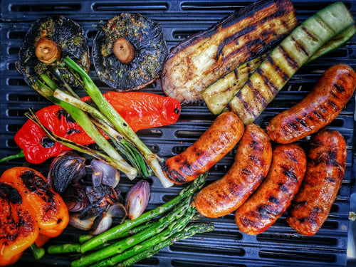 Sausages and grilled veg with chimichurri
